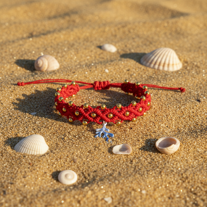 Bracciale Macramè Rosso con Corallo Azzurro • Summer Collection