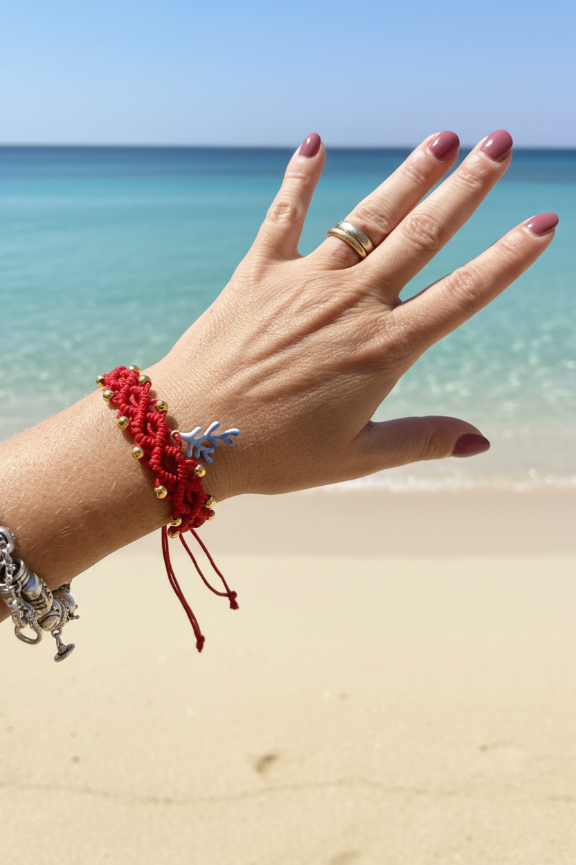 Bracciale Macramè Rosso con Corallo Azzurro • Summer Collection