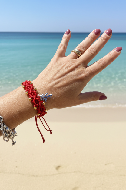 Bracciale Macramè Rosso con Corallo Azzurro • Summer Collection